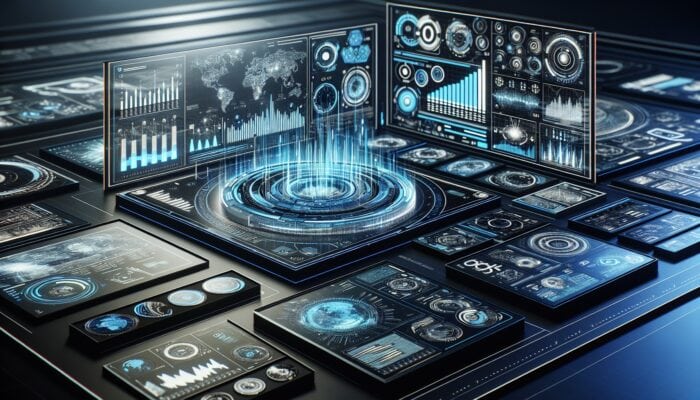A futuristic dashboard showcasing vibrant graphs and holographic elements displaying consumer insights from search trends.