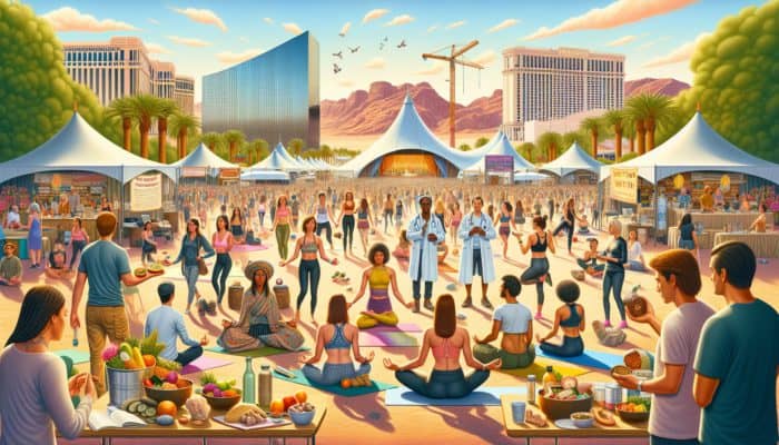 Experience the Best Las Vegas Events for Wellness Fans: A vibrant scene at MindBodyGreen Revitalize in Las Vegas, featuring yoga, meditation, and nutrition workshops with diverse attendees and holistic health experts.