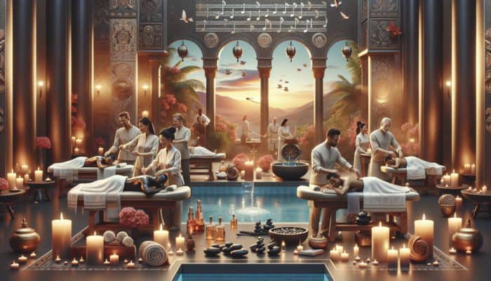 Best Las Vegas Spas for Couples: Luxurious spa at The Venetian with couples enjoying synchronized massages, private candlelit baths, and hot stone treatments.