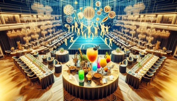 A lavish Super Bowl viewing party at a luxury hotel featuring gourmet dining, open bar, and celebrity entertainment.