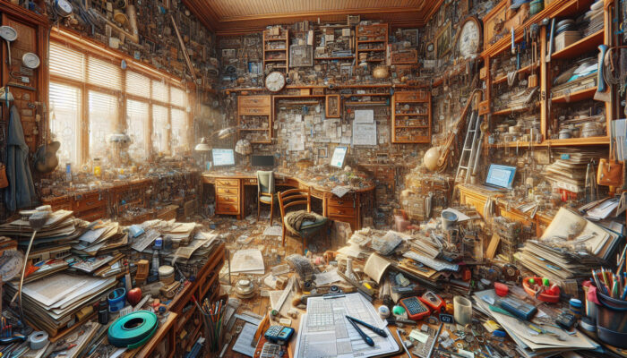 Detailed walkthrough of a cluttered house, assessing furniture and items, planning clearance strategy with tools.