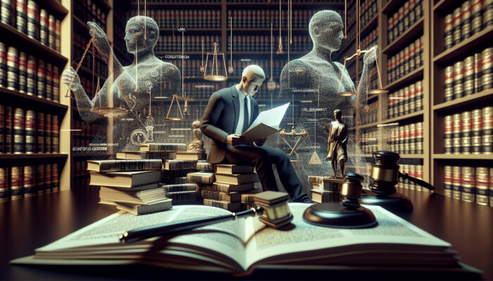 Person in a library reading "Legal Considerations for Clearance" document, surrounded by law books, gavel, and scales of justice.