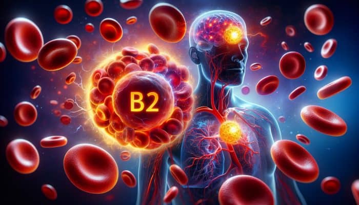 Vitamin B12 Blood Test in Kirkby-in-Ashfield: Vitamin B12 glowing amidst healthy red blood cells and nerve cells, contrasting deficiency effects.