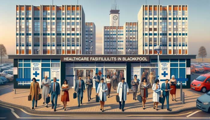 A diverse group entering healthcare facilities in Blackpool for trustworthy blood tests, emphasizing care and urgency.