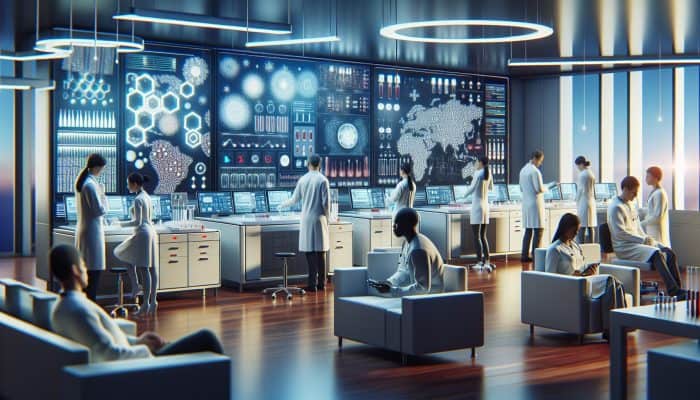 A modern hospital lab equipped with advanced blood testing technology and skilled technicians serving patients.