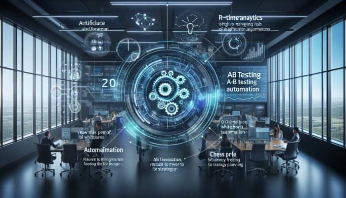 AI-driven marketing hub showcasing real-time analytics, optimizing ads and automating tests in a contemporary office setting.
