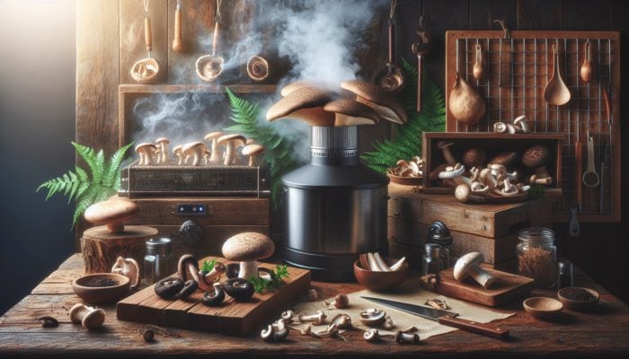A selection of shiitake, portobello, and oyster mushrooms prepared for smoking in a rustic kitchen atmosphere.