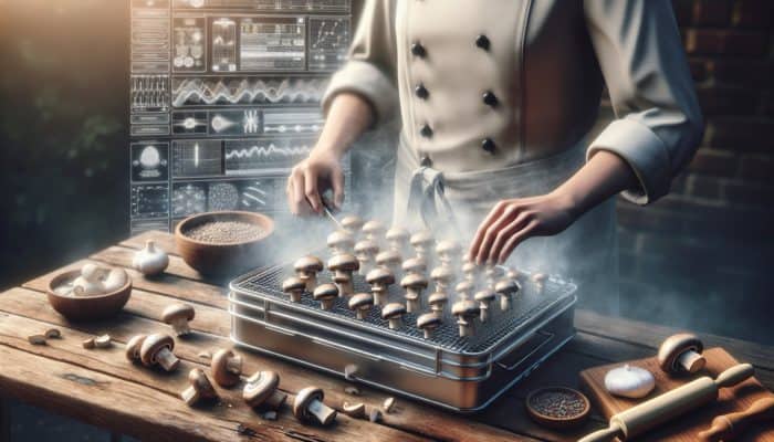 A chef meticulously preparing mushrooms for smoking by slicing, seasoning, and arranging them on a smoker rack with smoke rising in the background.