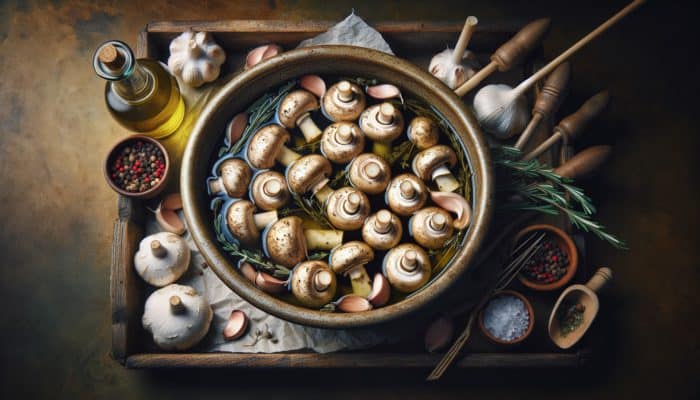 Marinated mushrooms with olive oil, garlic, and fresh herbs like thyme and rosemary, prepared for smoking.