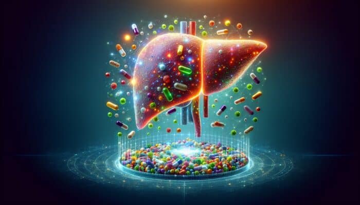 A vibrant liver surrounded by colorful supplements, efficiently eliminating toxins.