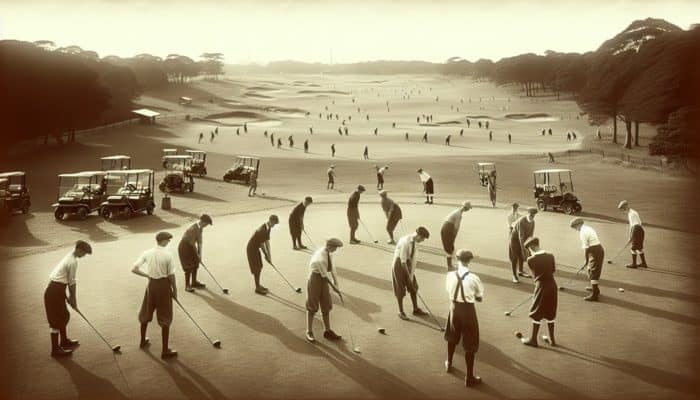 Germiston Golf Club: A vintage 1905 scene of Germiston Golf Club, South Africa, with a nine-hole course and novice golfers.