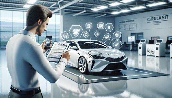 Individual inspecting a rental car, documenting damages, with insurance papers and checklist at a modern facility.