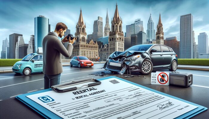 Individual documenting damage to a rental car with agreement and emergency contacts in an international city.