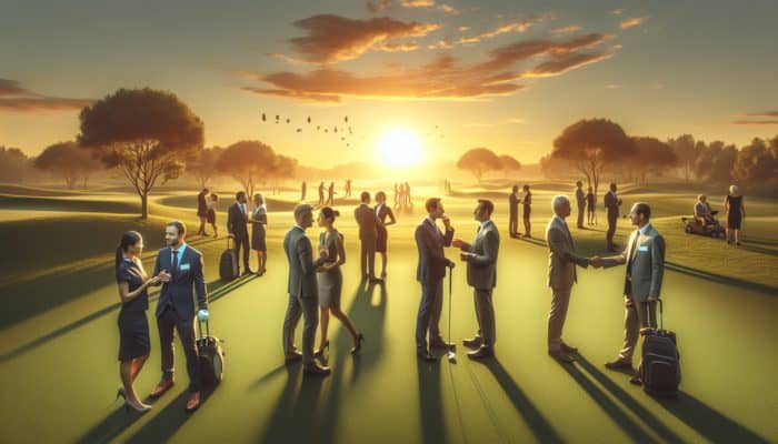 A peaceful golf course at sunset where business professionals engage in networking and exchange business cards.