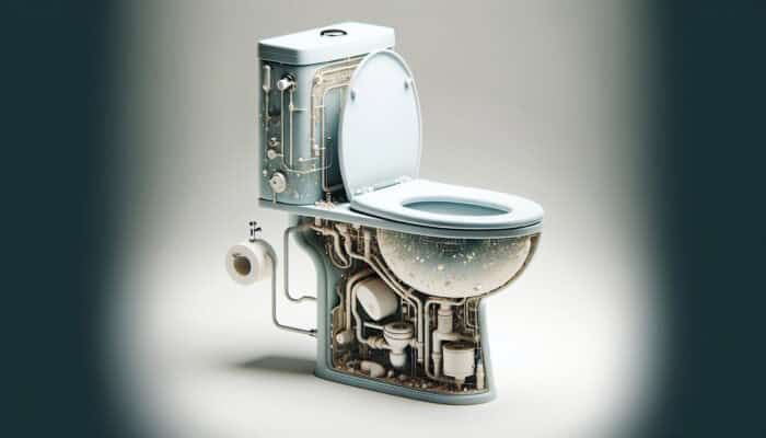 Toilet Installation Services in Port Coquitlam: Cross-section of a modern toilet showing bowl, tank, seat, and internal flushing mechanisms, labeled on a white background.