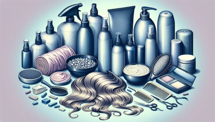 Visual representation of hair repair products and techniques set against a cool-toned backdrop.