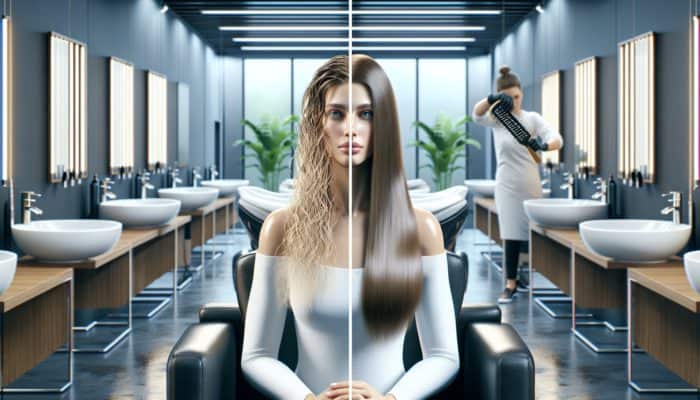 Woman receiving a deep conditioning treatment in a salon, showcasing hair transformation from dull to vibrant.