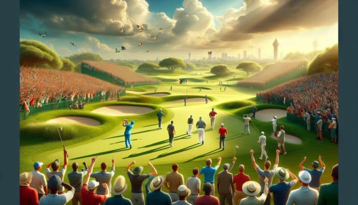 Exciting international golf tournament in South Africa featuring top players on a lush course with enthusiastic spectators.
