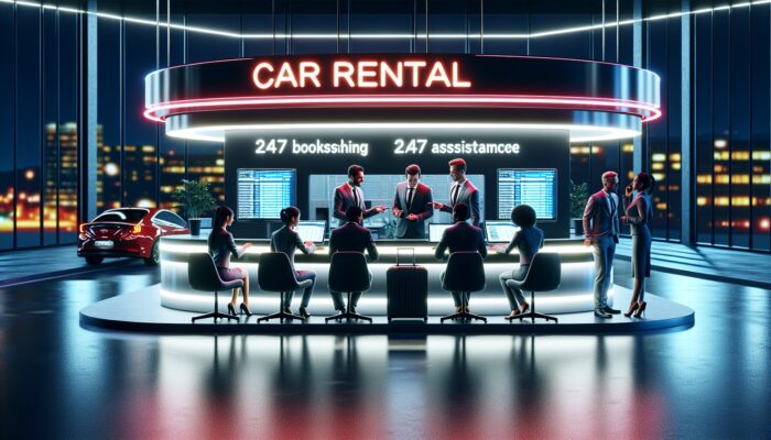 Modern car rental office illuminated at night with neon signage, experts discussing online bookings, 24/7 assistance desk highlighted.