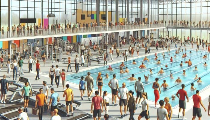 A lively community sports center with diverse groups participating in affordable fitness activities like gym workouts, swimming, and group classes.