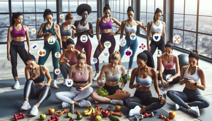 Diverse women utilizing budget-friendly fitness apps on smartphones in various workout settings.
