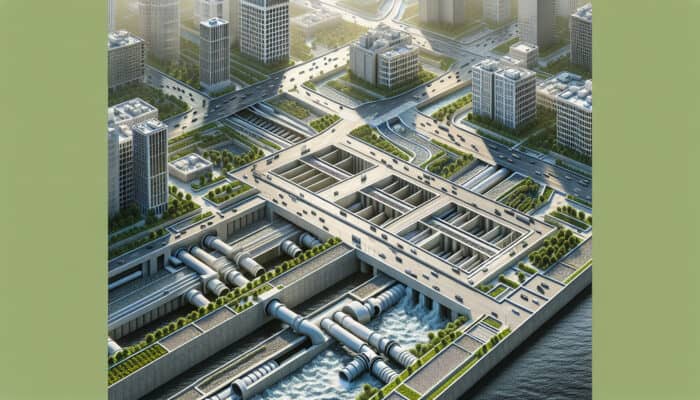 Various concrete drainage systems managing water flow in an urban landscape.