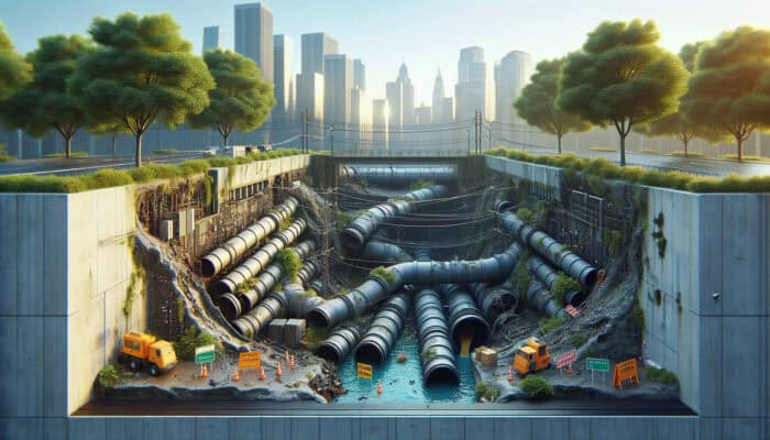 A cross-section of Richmond's sewer system showing clogs, leaks, collapses, and backups with water damage and mold.