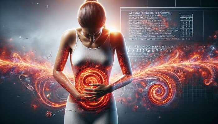 Preventing Menstrual Cramps: Woman with intense uterine contractions, red and orange swirls symbolizing menstrual pain from prostaglandins.