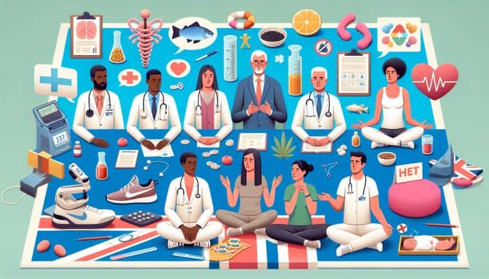 UK health professionals discussing women's health with symbols of exercise, diet, mindfulness, and heat therapy.