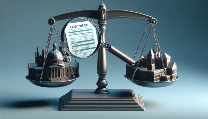 How Credit Inquiries Affect Consolidation Loans: UK Guide | DCL A scale with a credit report and magnifying glass, UK financial backdrop, symbolizing credit inquiries' impact on scores and borrowing.