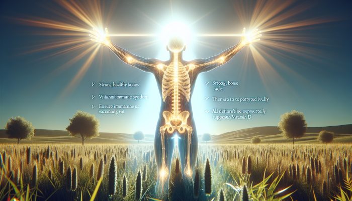Person in sunny field, arms outstretched, symbolizing vitamin D benefits for bones and immune system.