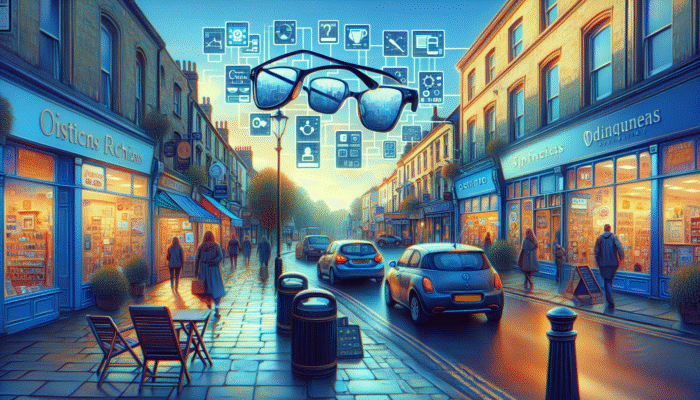 A vibrant Yeovil street featuring various businesses, showcasing SEO-optimized signage and digital displays for local services.