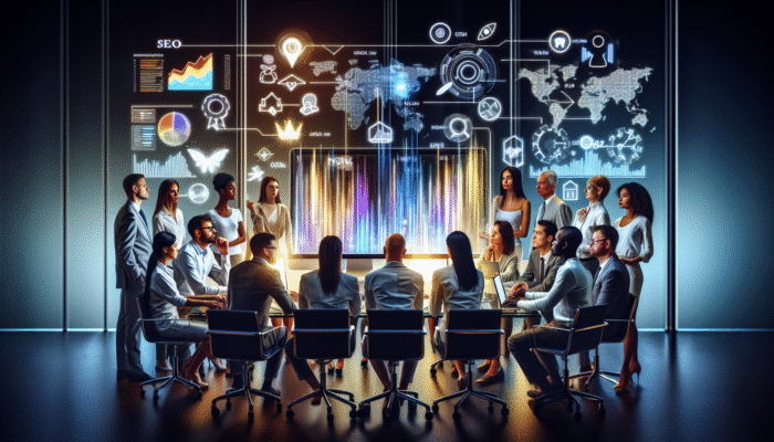 A team of professionals analyzing SEO analytics on a computer screen in a modern office setting.