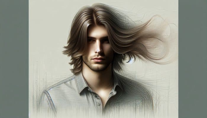 Man with long layered hair, showcasing volume and movement, styled casually to soften facial features.