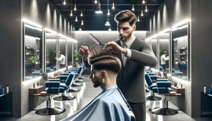 A barber skillfully cutting long layers in a man's hair in a modern barbershop with mirrors and focused lighting.