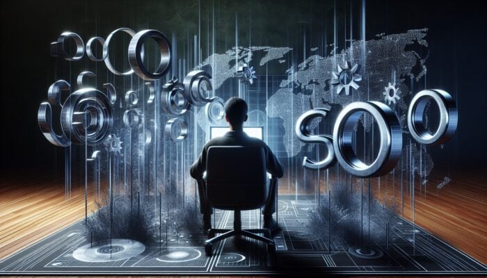 Utilizing Video for Social Proof in SEO: Individual watching a video on a laptop with ascending SEO graphs and search results in the background, illustrating the impact of video on SEO.