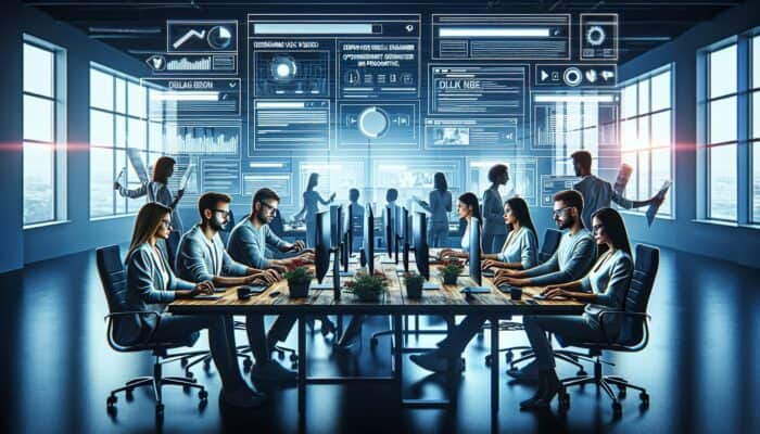 A digital marketing team planning SEO strategy with video content displayed on large screens in a modern office.