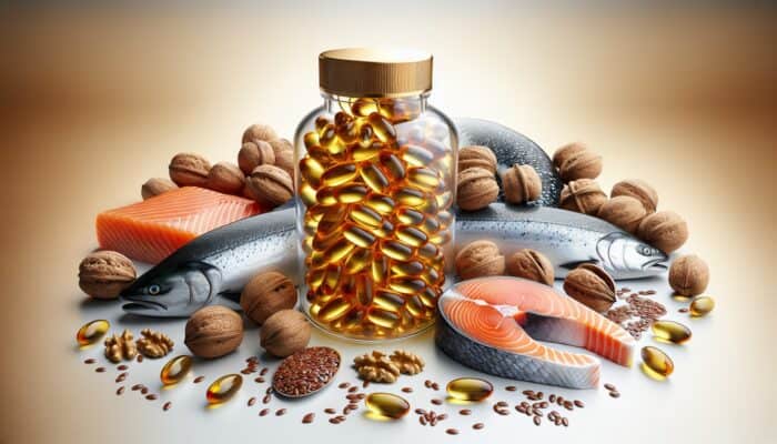 Golden fish oil capsules alongside salmon, walnuts, and flaxseeds on a white background.