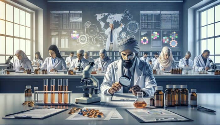 Laboratory analysis of fish oil supplements, ensuring purity, potency, and freshness.