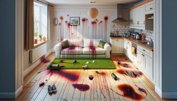 Red wine stain on carpet, grass stain on sofa, ink on shirt, and grease on tiles in a UK home.