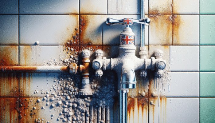 Modern UK bathroom with rust and limescale on fixtures and tiles, highlighting the need for cleaning.