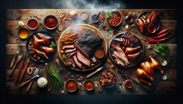 BBQ feast featuring Texas brisket, Carolina pulled pork, and chicken, highlighting regional American barbecue flavors.