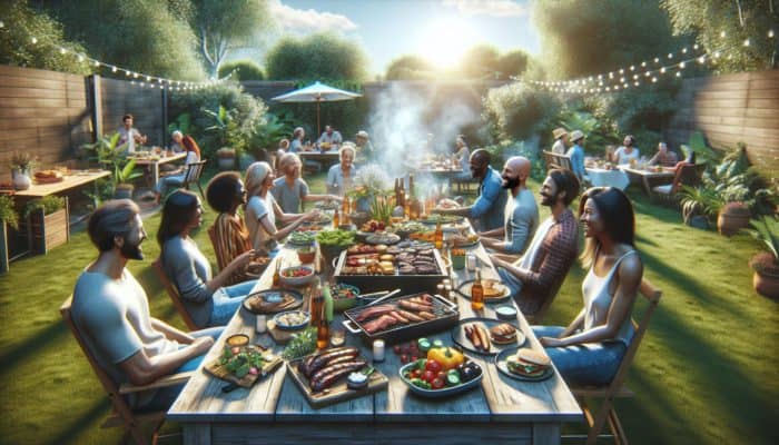 A vibrant BBQ setup featuring grilled meats, colorful sides, and friends enjoying a feast in a sunlit backyard.