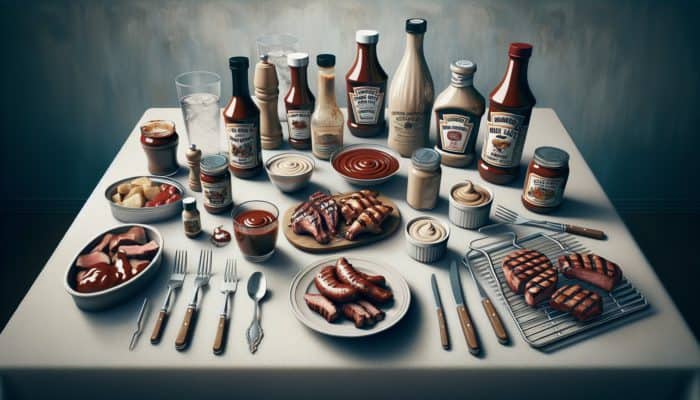 A table featuring Kansas City BBQ sauce in a jar, Alabama white sauce in a bowl, and a custom BBQ sauce in a bottle, complete with grilling tools and meats.