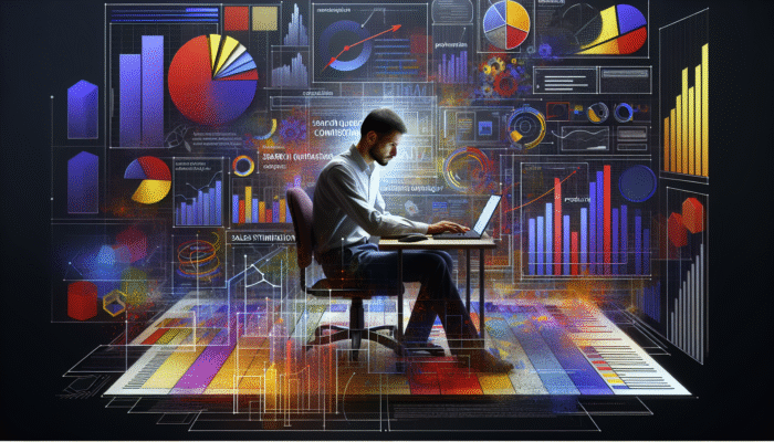 Using Content to Target Commercial Intent: A person analyzing search query data on a computer, surrounded by marketing strategy documents and product images.