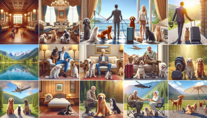 Diverse pet-friendly accommodations including luxury hotels, vacation rentals, and campgrounds showcasing happy pets and their owners.