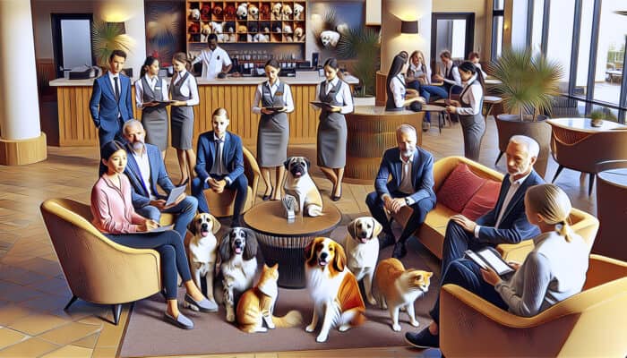 A cozy hotel lobby showcasing pets and staff offering pet-friendly amenities and advice.
