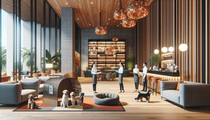 A cozy hotel lobby with a dedicated pet-friendly area, including a pet spa and dog beds, with staff engaging with guests and their pets.