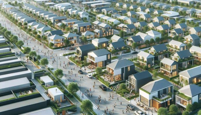 Aerial view of a lively neighborhood featuring modern entry-level homes and vibrant green spaces.