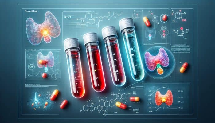 Thyroid Blood Test in Loughborough: Illustration of thyroid blood test vials labeled T3, T4, TSH, with thyroid gland and metabolism diagram.